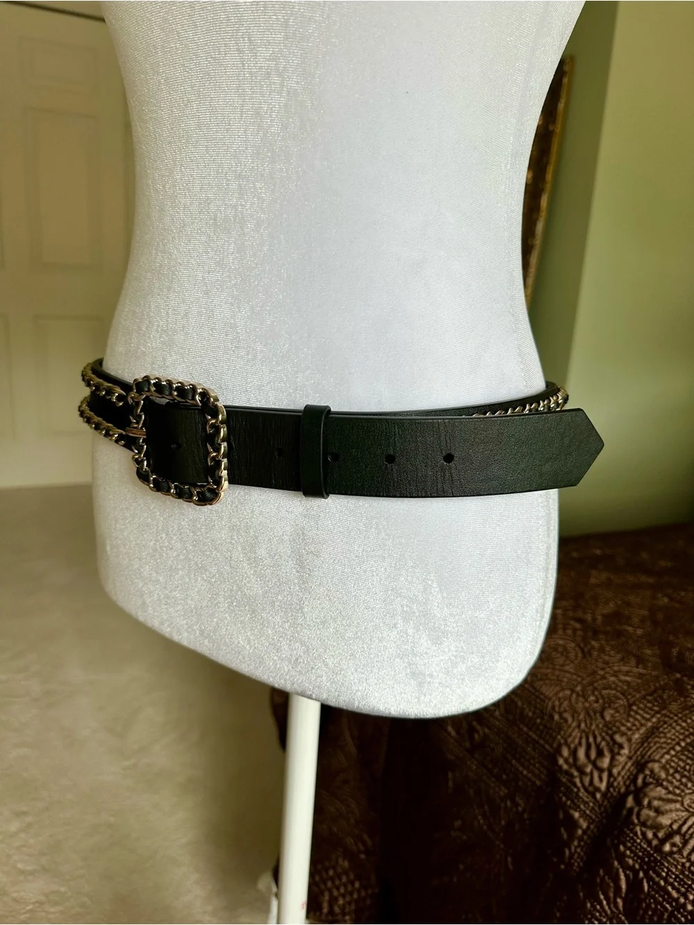 WHBM Black Leather Chain Link Belt
